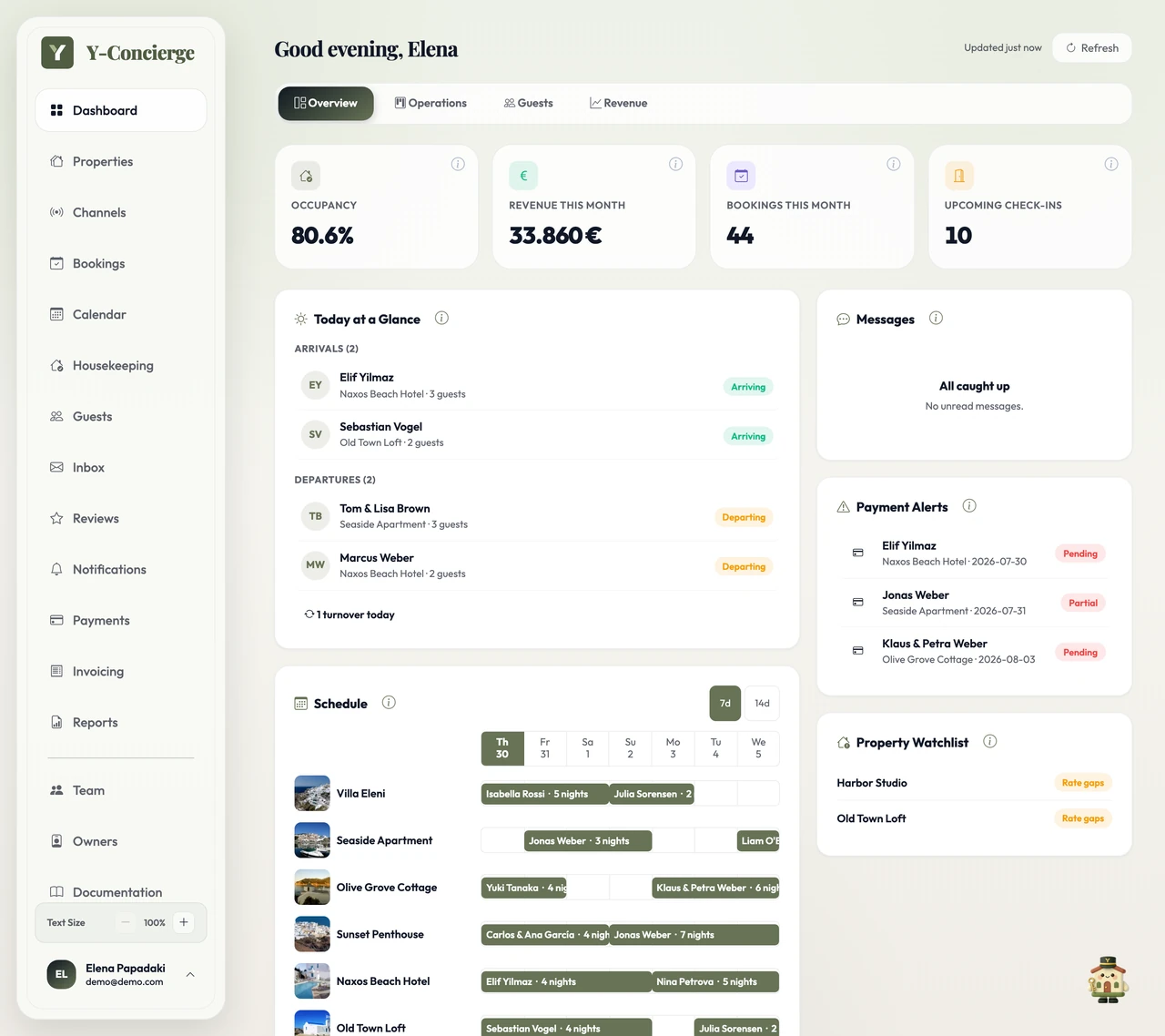 Y-Concierge dashboard showing arrivals, departures, bookings, payment alerts and a weekly property schedule